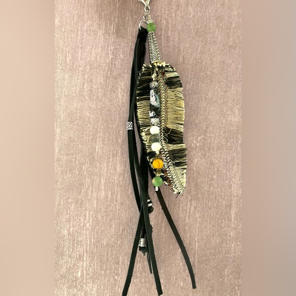 Black Leather Fringe & feather Bag Charm Hippie Boho Purse Tassel keychain charm - Picture 7 of 7